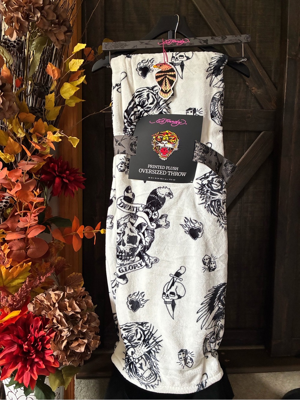 Ed Hardy Black & White Tattoo-Style Throw Artwork